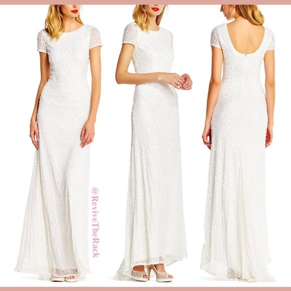NEW Adrianna Papell Scoop Back Sequin Evening‎ Gown in Ivory-White [SZ 10 ] - Picture 2 of 10